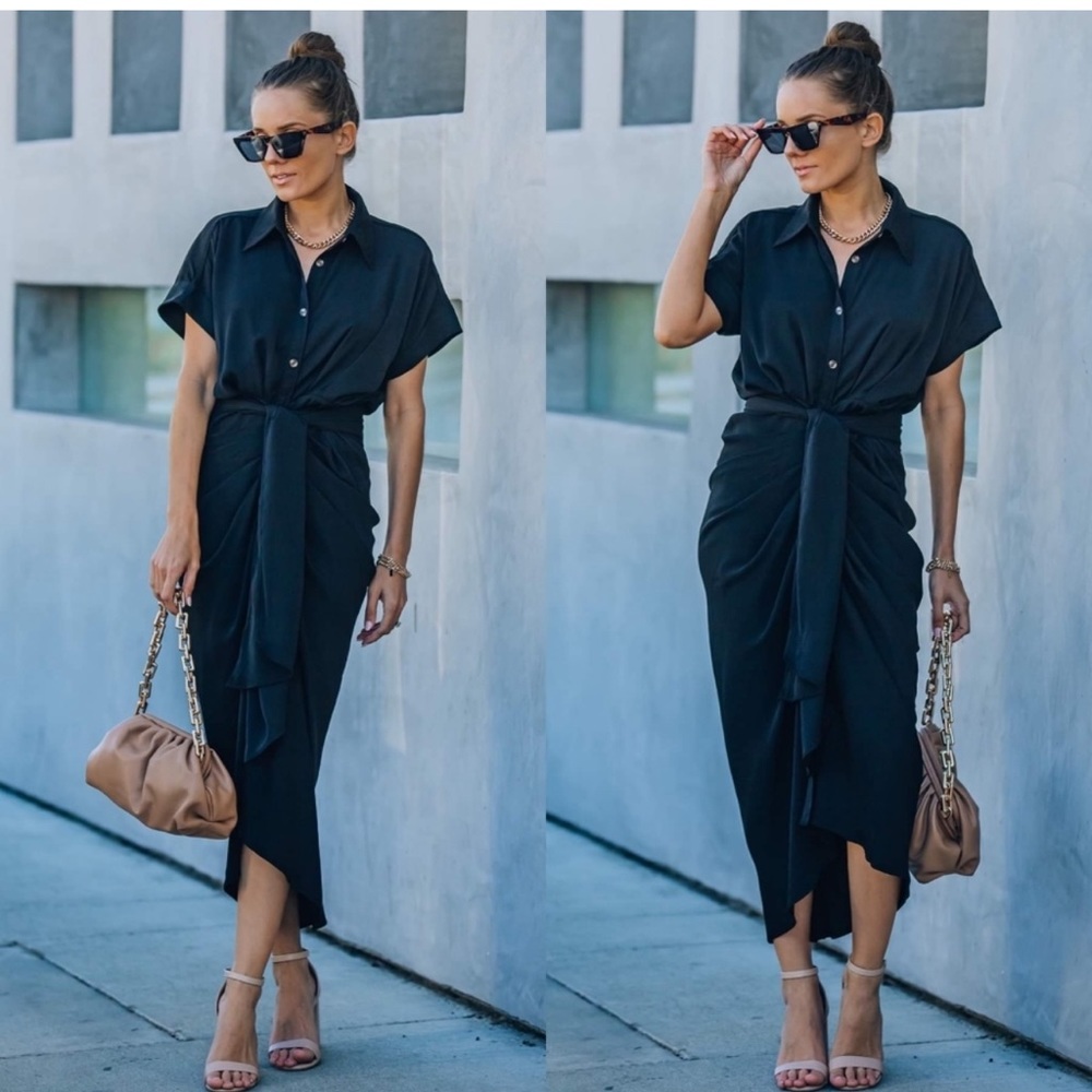 Vici Black Midi Shirt Dress with Draped Front